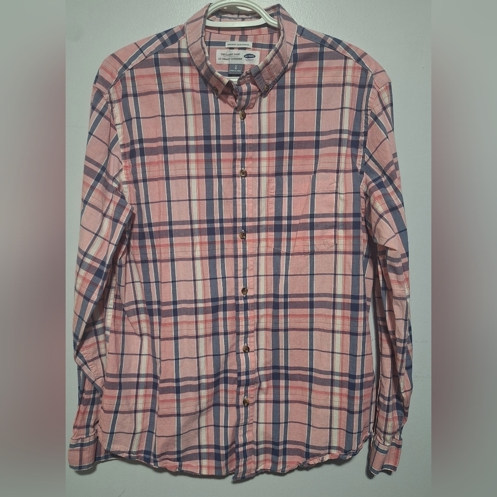 Lrg Old Navy Men's Pink and Blue Plaid Shirt